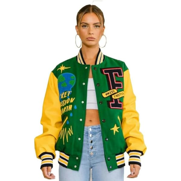 Amazon.com: Woman's Varsity Baseball Bomber Green Wool & Yellow